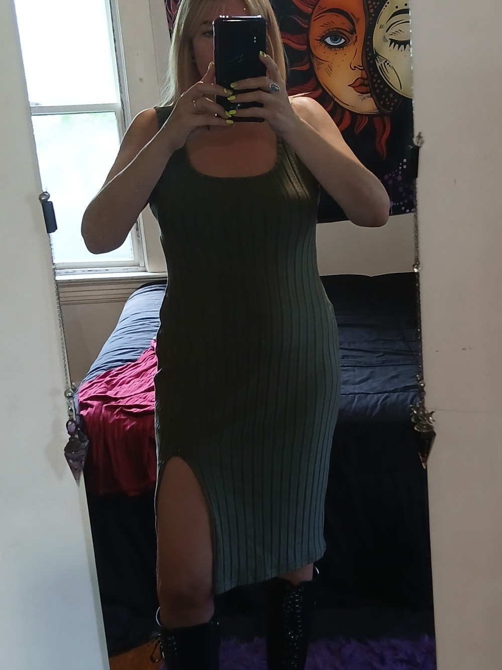 Sleeveless Ribbed Midi Dress with Side Slit - Olive Green